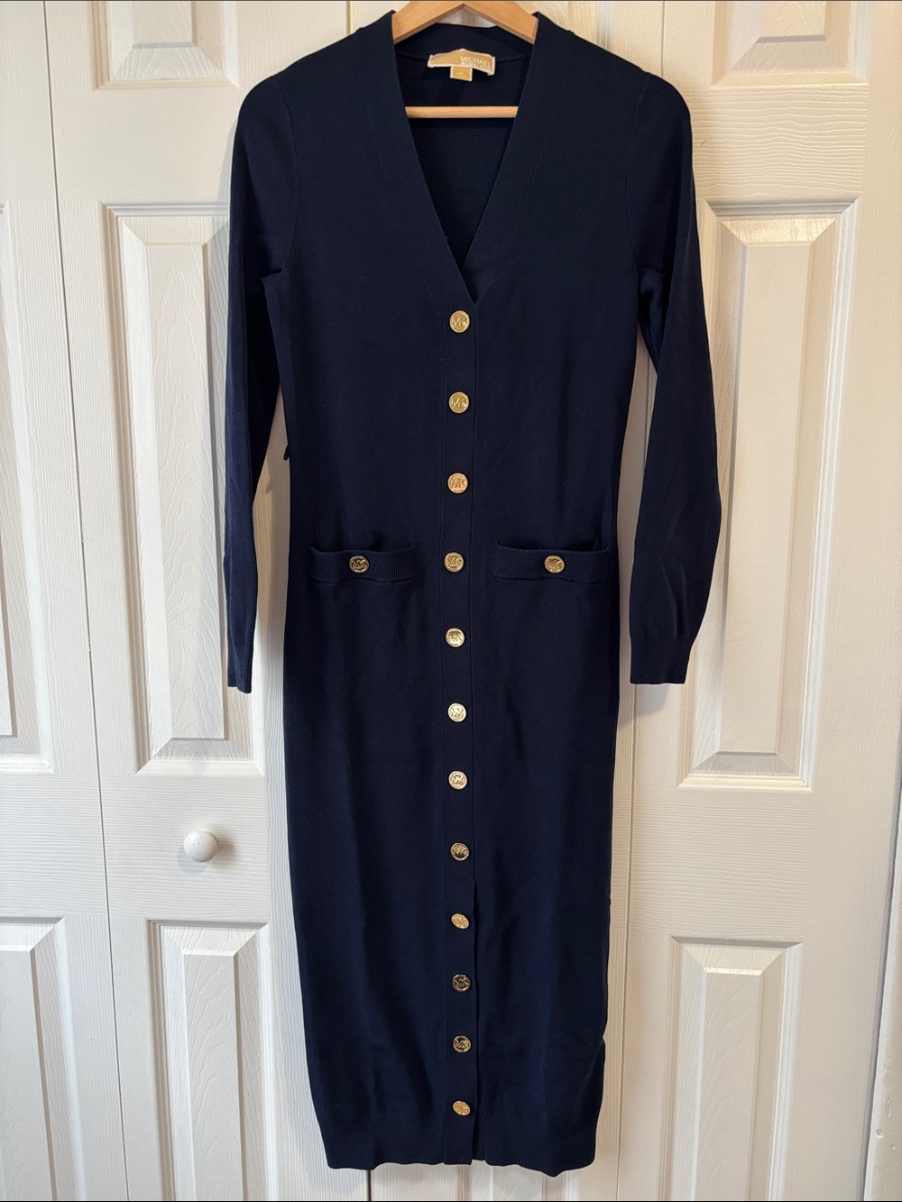 MICHAEL Michael Kors Navy Long Sleeve Button-Front Knit Dress with Gold Buttons